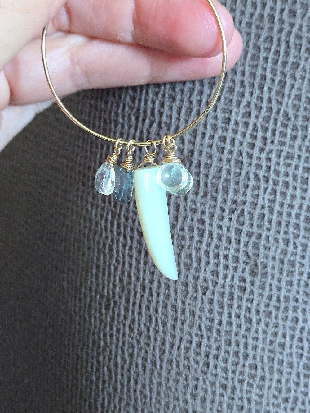 Open Gold💛 Circle⭕️ Earrings with Mother of Pearl Horn📯 and Gemstones💎 - Picture 14 of 15